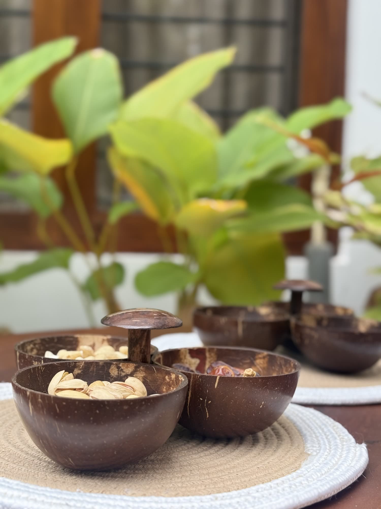 Coconut shell snack bowls filled with nuts on a table
