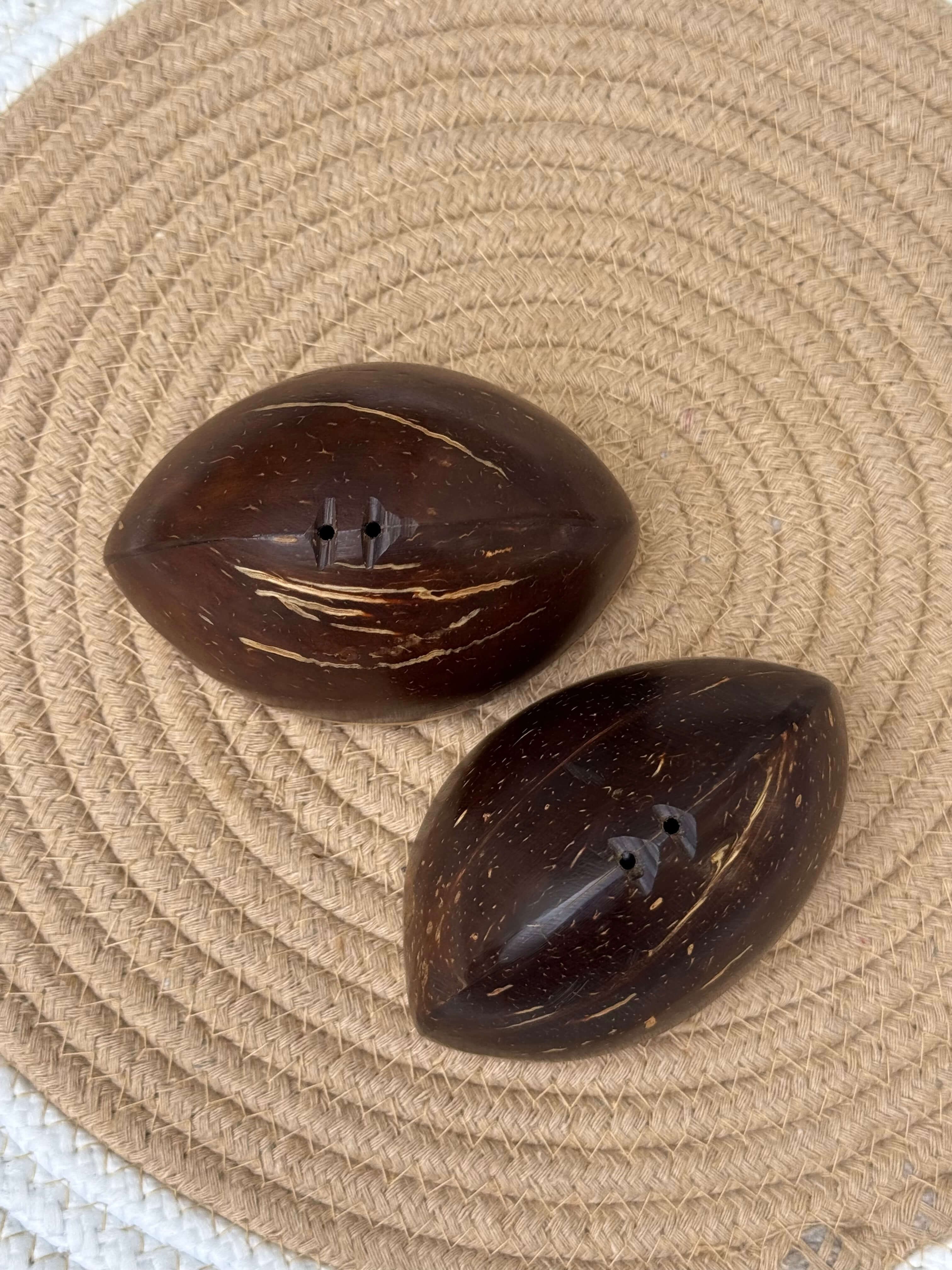 Thenga Story Coconut Shell & Wooden Salt and Pepper Shaker Set – Natural Table Seasoning Dispensers (Set of 2)
