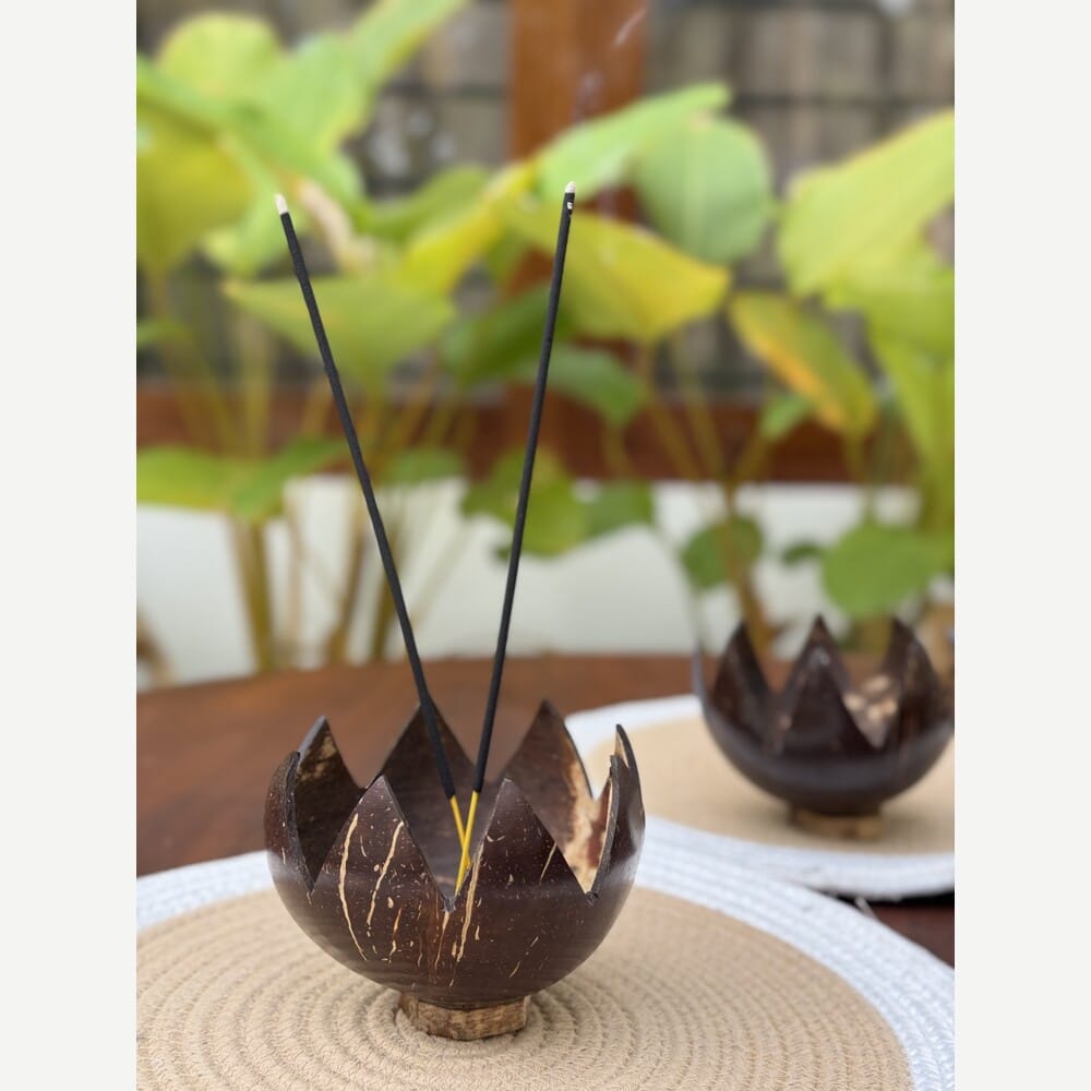  Thenga Story Coconut Shell Agarbatti Stand with Ash Catcher – Wooden Incense Stick Holder (Set of 1)