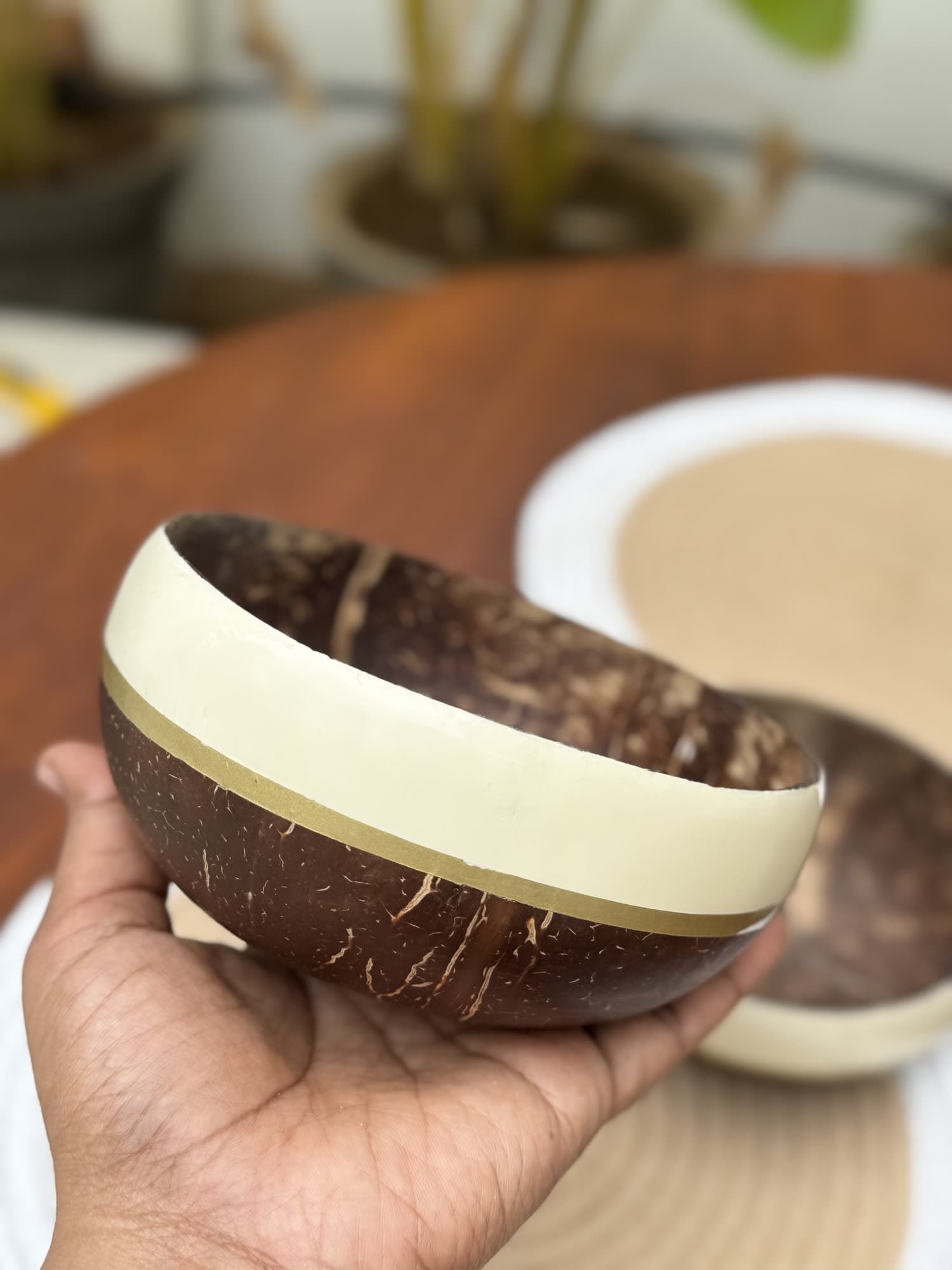 A cream-rimmed coconut shell bowl held out in an open hand