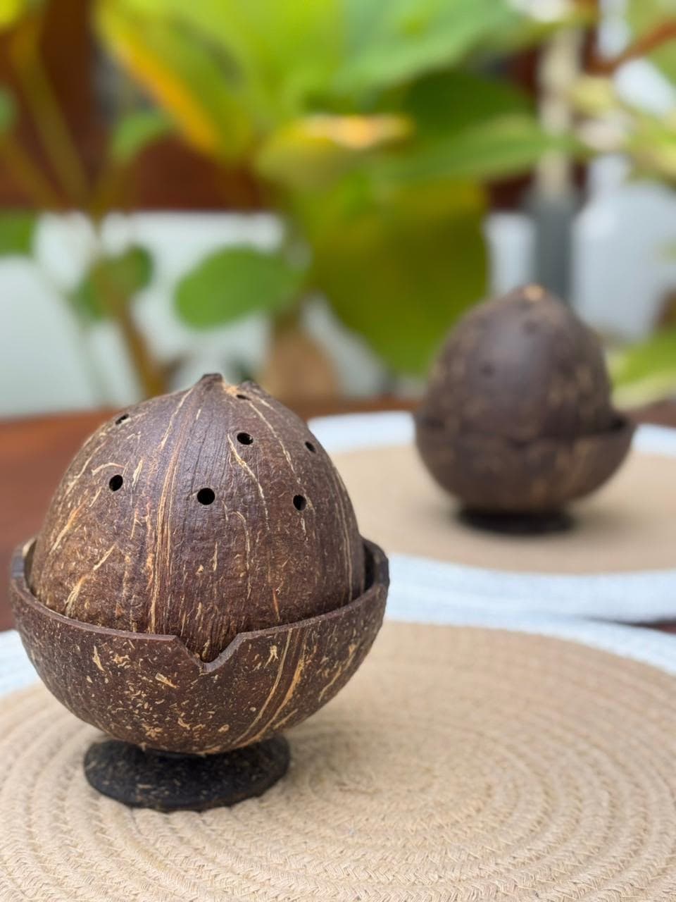 Thenga Story Coconut Shell Dhoop Stand with Wooden Base – Incense Holder for Daily Prayers & Meditation (Set of 1)